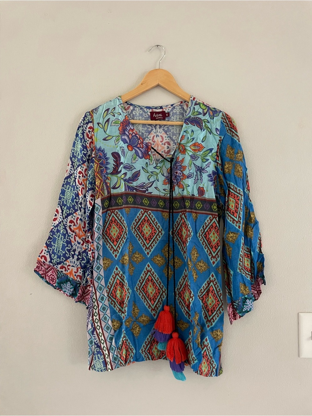 Avani Del Amour Blue Multi-Print Boho Tassel Tunic Top